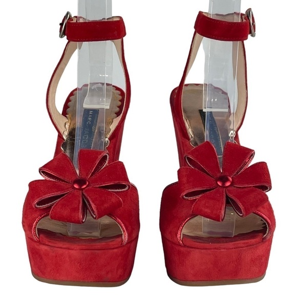 MARC JACOBS PEEP TOE FLOWER EMBELLISHED SUEDE WEDGE SANDAL HEELS - Picture 8 of 14